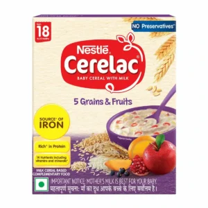 Pack of Nestle Cerelac 5 Grains & Fruits baby cereal for 18-24 months.