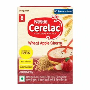 Pack of Nestle Cerelac Wheat Apple Cherry baby cereal.