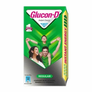 Pack of Zydus Glucon D Regular energy drink powder.