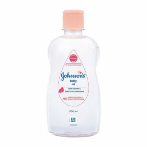Johnson's Baby Massage Oil bottle 200ml with Vitamin E visible.