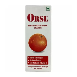 Bottle of ORSL Liquid Orange electrolyte drink.
