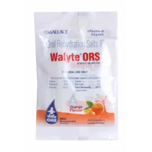 Box containing 5 single-serve sachets of Walyte ORS Powder Orange.