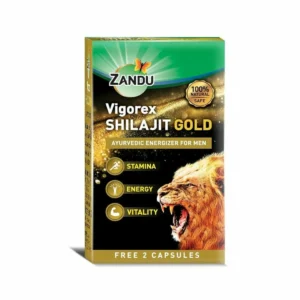 Pack of Zandu Vigorex Shilajit Gold Capsules.